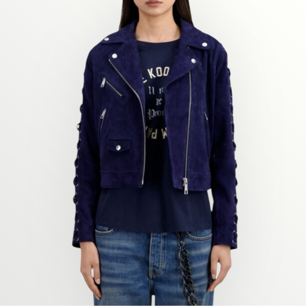The Kooples Navy Blue Suede Leather Moto Jacket Size 0